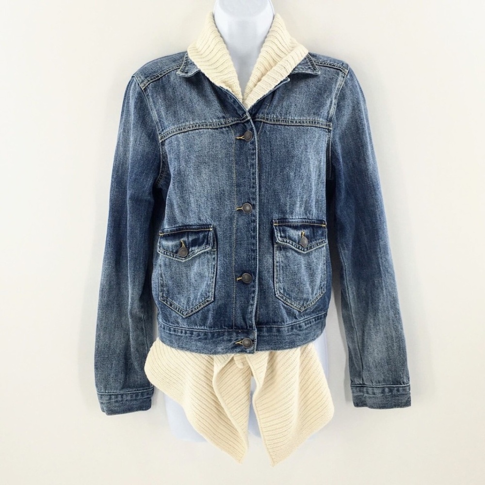 Abercrombie & Fitch Womens Denim Jacket Blue Jean Attached Sweater Scarf Sz M - Picture 3 of 11
